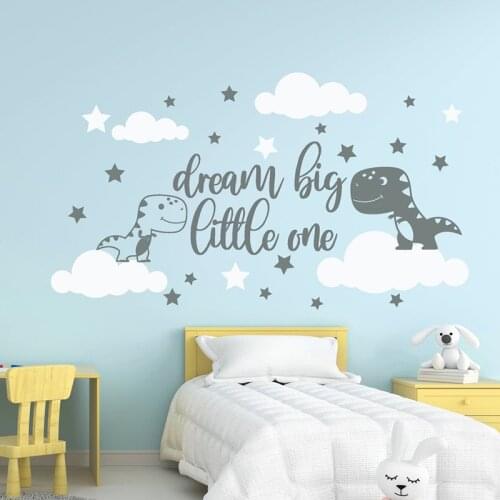 Cartoon Dinosaur Dream Big Little One Cloud Wall Sticker Nursery Kids Room Jurassic Park World Dino Animal Sky Star Wall Decal
