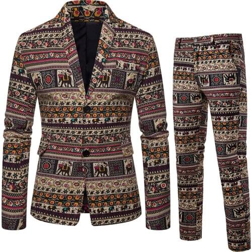 Men Two Piece Print Suits Wedding Dress Men National Style Business Casual Blazer Wedding Prom Dinner Suits Groomsman Wear Tuxed