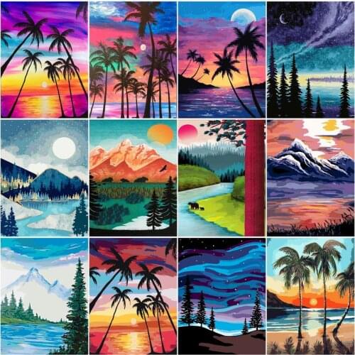 RUOPOTY 60x75cm Frame DIY Painting By Numbers Coconut Tree Landscape Canvas By Numbers Wall Art Picture Acrylic Paint Crafts Kit