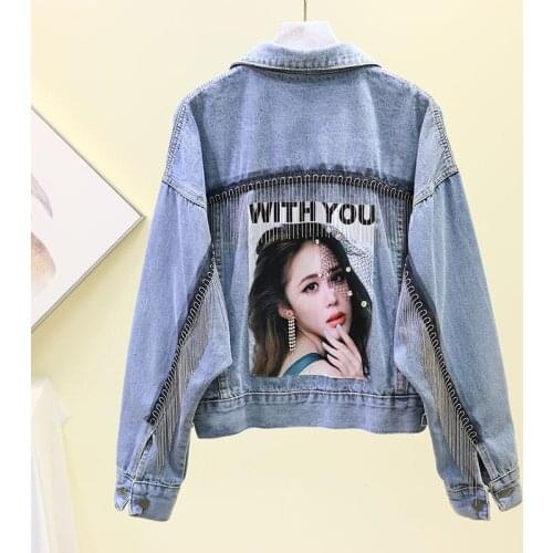 2020 New Womens Denim Jacket Fashion Casual Jeans Jacket Loose Tassel Overcoat Pattern Lapel Denim Coat Female Blue Outwear