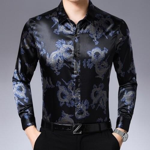 Dragon Printed Mens Satin Shirts Royal Blue Mens Long Sleeve Shirts Dragon Printed Shirts Mens Chinese Style Clothing Social