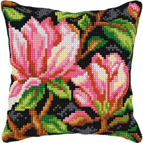 DIY Cross Stitch Cushion Front Pink Flowers Needlepoint Kits Printed Canvas Chunky Yarn Cross-stitch Pillow Case Arts & Crafts