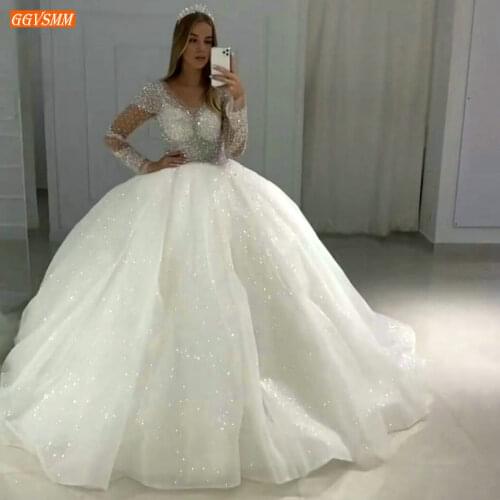 Fabulous Africa White Wedding Dresses 2020 Organza Beaded Crystal Bling Bling Bridal Dress Long High Quality Arabic Wedding Gown