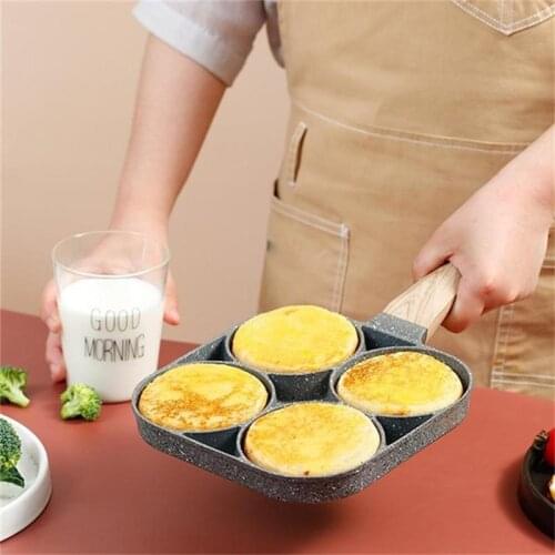 4 Hole Fried Egg Burger Pan Ham Pancake Maker Omelets Frying Pan Square Non-Stick Breakfast Pot Mini Cooker Pan Wooden Handle