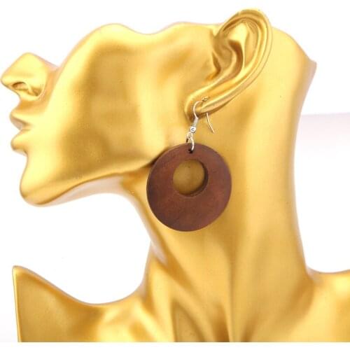 SANSHOOR 4cm Vintage Solid Coffee Round Classic Lady Wooden Earrings As Women Gift For Mothers Day 6pairs/lot