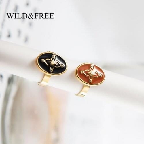 Wild & Free New Gold Wide Open Rings Jewelry Stainless Steel Black Enamel Leaf Oval Shape Finger Midi Rings Jewelry Wedding Gift