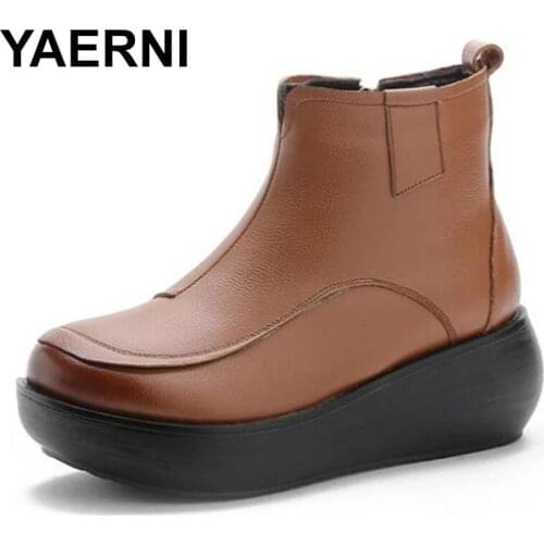 YAERNINew Top Cowhide Heightening Platform Shoes Autumn Martin Boots Womens Boots Warm Genuine Leather Boots Cotton Shoes Snow