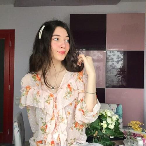 Womens Shirt Za Fashion 2021 Chiffon Floral Print Ruffles Long Sleeve Mujer Blouses Sweet V Neck Mujer Tops Chic Blouses