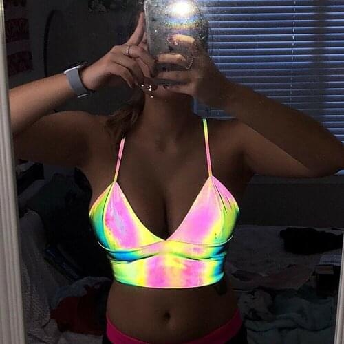 2020 Hot Women Sexy V-Neck Laser Reflective Sling Holographic Bralette Top Camis Fashion Comfortable Sleeveless Backless Tops