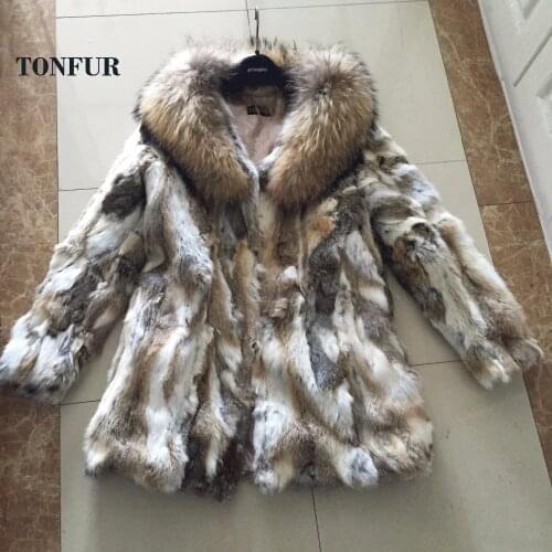 2021 Women Real Soft Natural Rabbit Fur Coat with Big Genuine True Raccoon Fur Collar Long Coat Customize Size Jacket WSR157