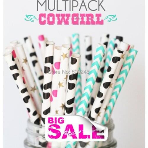 100pcs Mixed Colors COWGIRL Themed Pretty Paper Drinking Straws,Aqua Chevron Striped, Hot Pink Polka Dot, Gold Star, Cow