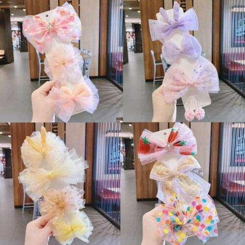 3/4pcs/Set Big Chiffon Hair Bows Clips for Girls Dots Bunny Ear Yarn Ball Kid Hairpins Barrettes Flowers Sweet Hair Accessories