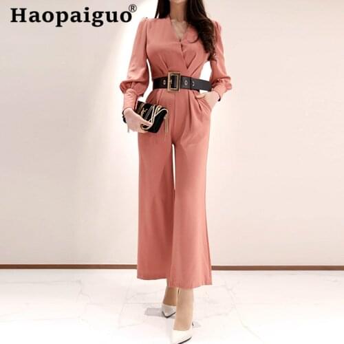 Plus Size Pink Long Sleeve High Waist Jumpsuits Women Summer V Neck Wide Legge Jumpsuit OL Elegant Workwear Solid Jumpsuits