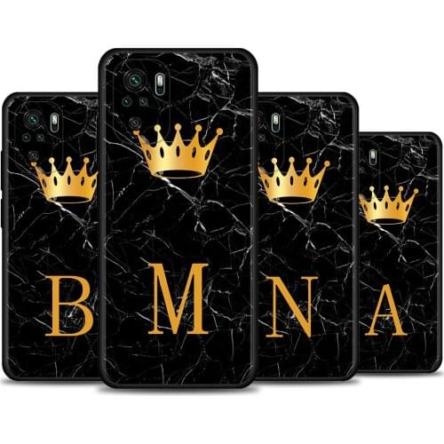 Case for Redmi Note 10 Pro Max 9 8 8T 7 Cover For Redmi K40 Pro Plus 9 Power 9A 9C 9T 8A Funda Gold Crown Letter Queen A-N