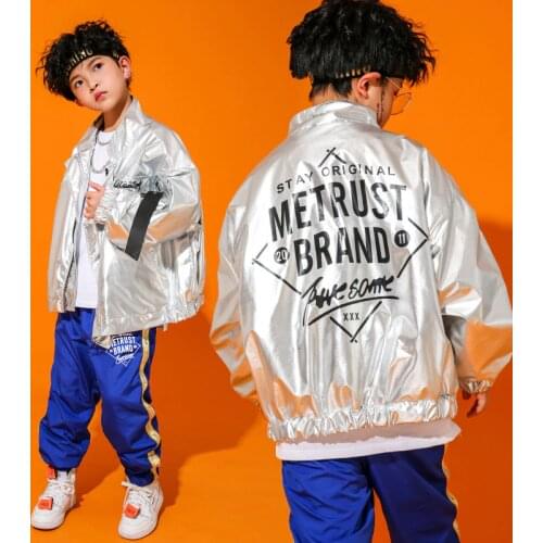 Kids Jazz Ballroom Dancing Costumes Coat for Girls Boys Hip Hop Dance Clothes T Shirt Tops PU Jacket Stage Wear Jogger Pants