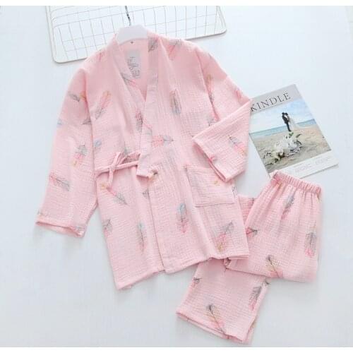 Womens New Japanese Kimono Traditional Pajamas Set Spring Autumn Cotton Gauze Leaf Print Bath Steaming Clothes Homewear Yukata