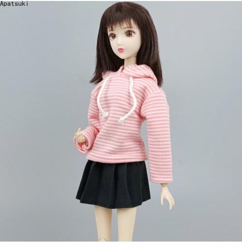 Pink Striped Students Clothes Set for Barbie Doll Outfits Top Sweatshirts Hoodies Black Skirt for 1/6 BJD Dolls Accessories