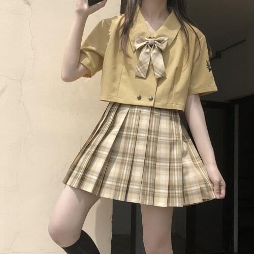 Summer Blouses Women JK Shirt Short Sleeve Khaki Tops And Skirt With Bowtie Japanese Korean Sweet Style Female Shirts Lapel Suit