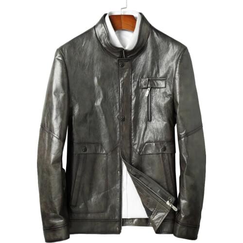 2020 New Oil Wax Cowhide Leather Jacket Men Spring Autumn Genuine Leather Wine Red Black Clothing