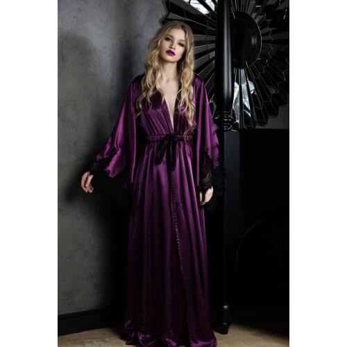 Soft Silk Bathrobe Womens Bath Gown With Lace Long Sleeves Bridal Robe Wedding Nightgown