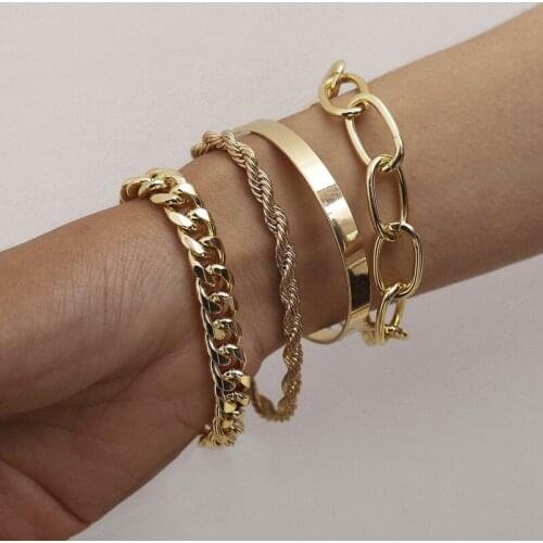 Imixlot 4Pcs Punk Curb Cuban Chain Bracelets Set for Women Boho Thick Gold Color Twist Bracelets Bangles Fashion Jewelry Gifts