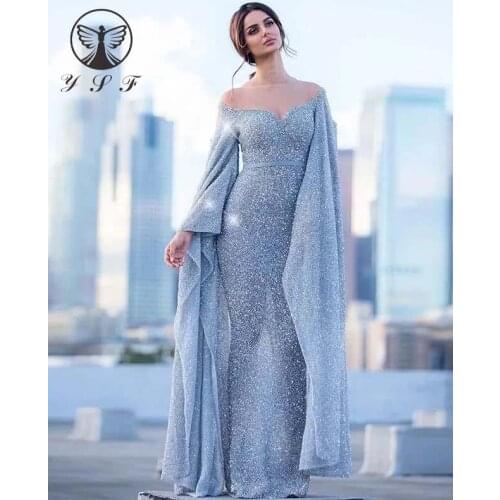New Arrival Illusion O Neck Bling Bling Glitter Fabric Long Sleeve Sheath Floor Length Prom Dresses 2020