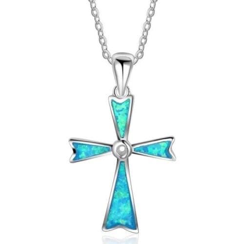 New Women Necklace Blue Opal Cross Pendant Wedding Anniversary Party Gift Women Pendant Jewelry Accessories