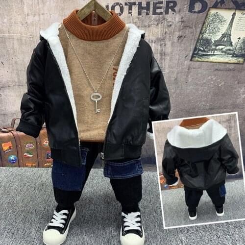2 3 4 5 6 Years Boys Clothing Sets Plus Velvet PU Leather Jacket Sweater Casual Big Pocket Trousers Kids Tracksuit Autumn Winter