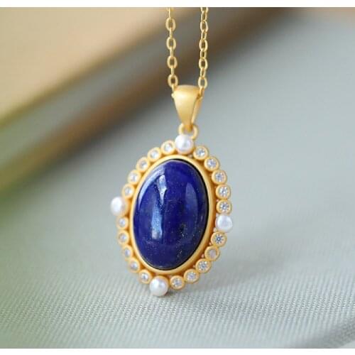 S925 Silver Gold-Plated Inlaid Natural Lapis Lazuli Natural Pearl AAA Zircon Geometric Egg Surface Retro Temperament Necklace