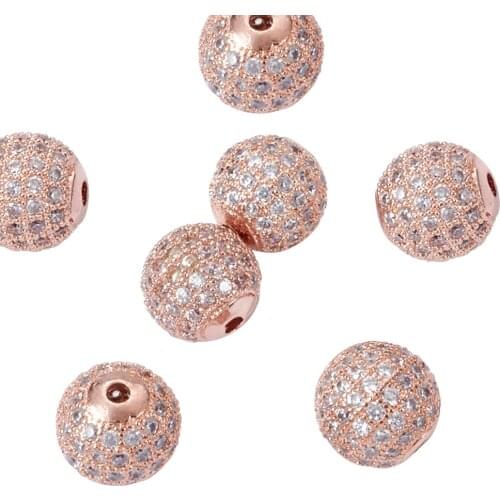 Pandahall 10Pcs Micro Pave Rose Gold Color Round Spacers Crystal Clear Cubic Zirconia Carved Charm Disco Ball Beads 12mm Craft