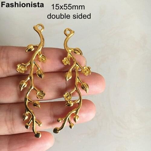 30 pcs - Metal Flower Leaves Branch Charms 15x55mm Gold/KC Gold/Silver-color Double Sided Long Tree Branch Pendant -U