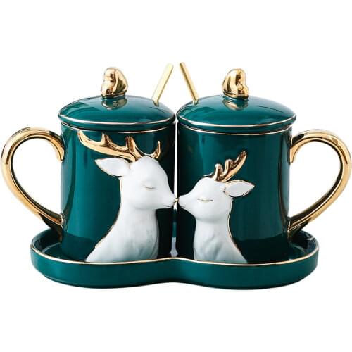 Creative Porcelain Coffee Cup Double Luxury Heart Shaped Saucer Tea Cups with Spoon Milk Tazas Creativas Home Container LL50CC