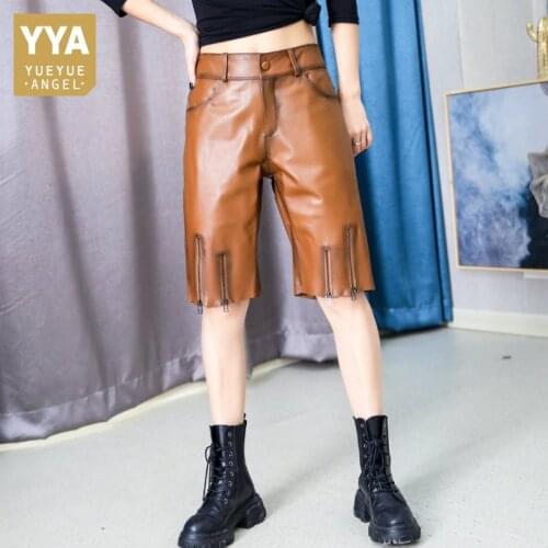 Straight Shorts Women Fashion Real Leather Elastic Waist Sheepskin Knee-Length Shorts Designer Street Biker Shorts Female
