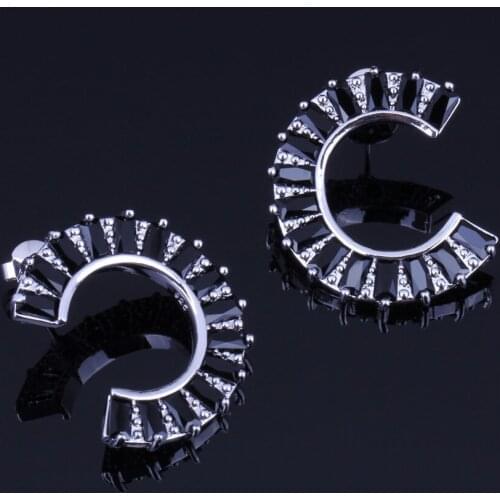 Stylish Half Moon Shape Black Cubic Zirconia Silver Plated Stud Earrings V0184