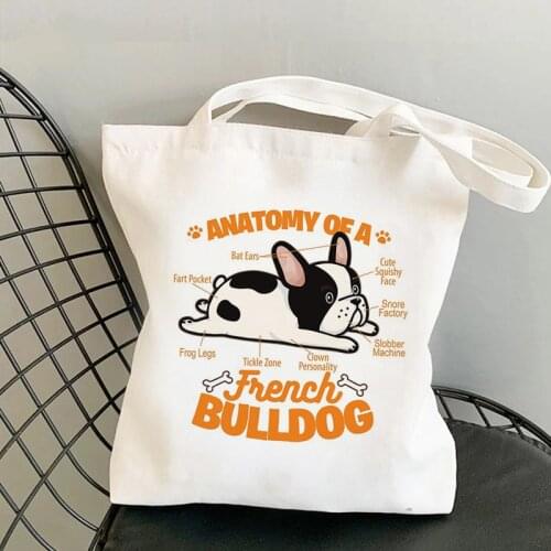 Kawaii Animal Letter Printing Cute Printing Tote Bag Bulldog Sturdy Bag Washable Reusable Cartoon Large Capacity College Handbag