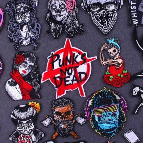 Embroidery Patch Punk Patches On Clothes Iron On Patch Applique Skull Rock Badge Stripes For Jackets Embroidered Custom Patch