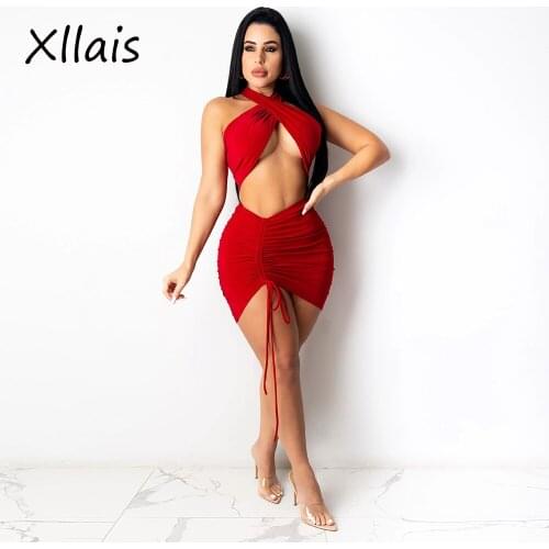 XLLAIS Red Halter Neck Tank Tops And Ruched Drawstring Skirts Two Piece Sets Women Sexy Club Soft Vest Elegant Matching Outfits
