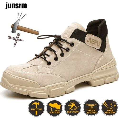 Pigskin steel toe cap safety boots for men and women, large size sports lightweight anti-puncture insulated work shoes