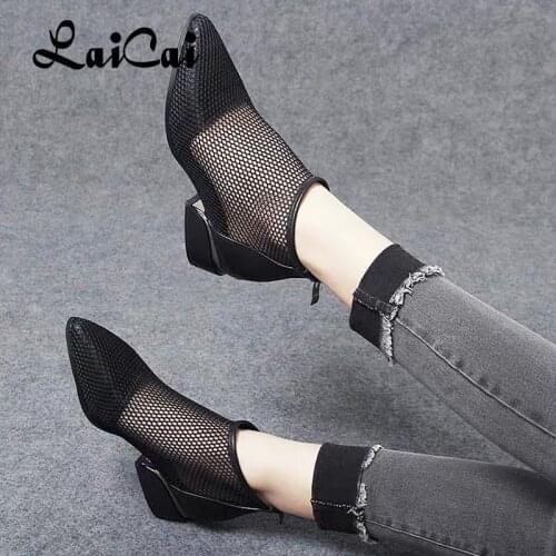 Ladies Pump Heel High Quality Soft Leather Kitten Heels New Mesh Boots Hollow Low Heel Mesh Breathable Women Pointed Toe Sandals