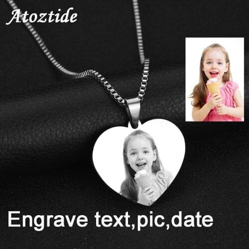 Atoztide Love Heart Pendant Necklace For Women Engrave Pic Word Heart Necklaces Accessary Jewlery Gift Drop Shipping