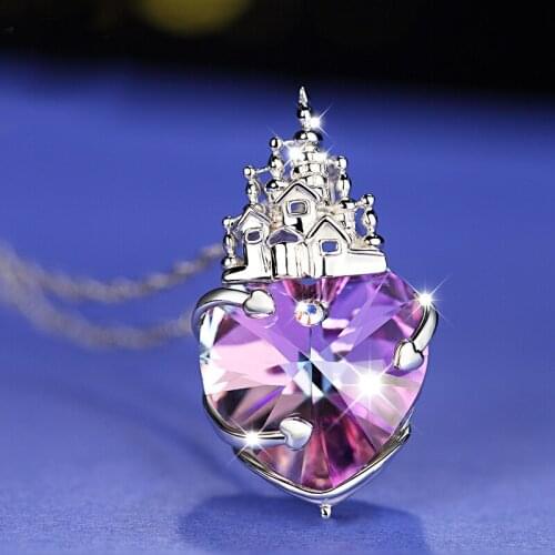 COCOM 925 Sterling Silver Romantic Crown Pendant Necklace Purple Heart-Shaped Austrian Crystal Wedding Accessories Free Shipping