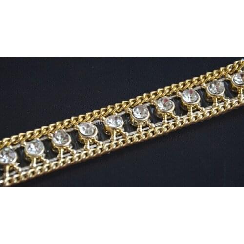 Gold Rhinestones Crystal Steampunk Applique Beaded Venise Lace Ribbon Iron On Trim Chain Decorative Sewing Supplies 5yards/T684