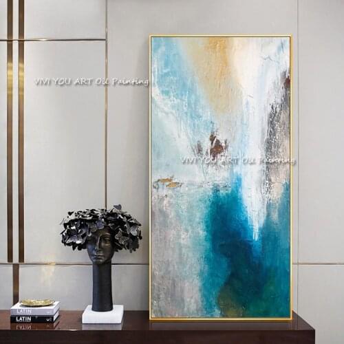 100%Handpainted Blue White Yellow Gray Green Foil Wall Art Canvas Cuadro Modern Abstract Painting Wall Pictures for Living Room