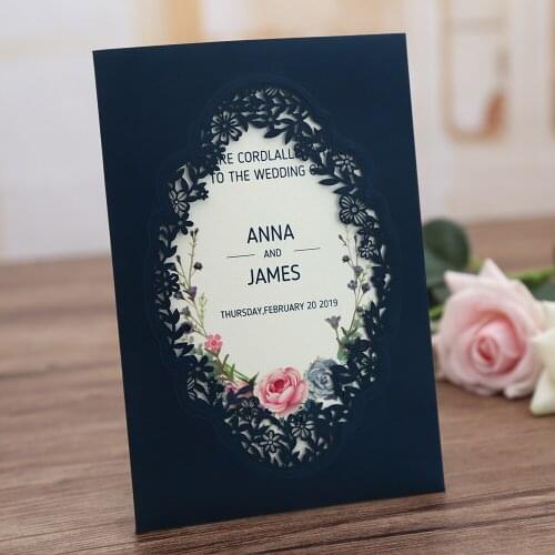 100pcs Navy Blue Pink Burgundy Gold Vertical laser cut Business Anniversary party wedding invitation