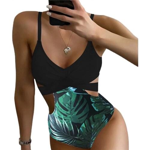 2021 Women’s Fashion Leaves Printed Bandage Hollow Slim Swimsuit Sexy Suspender Bikini One-piece Swimsuit Bathing Suit