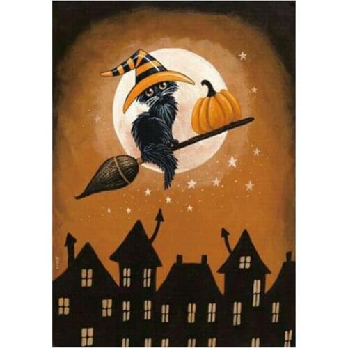 5d embroidery magic broom cat moon cross stitch crafts mosaic, 3D gem square round diamond decal