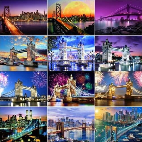 AZQSD 5D Diamond Painting Bridge Full Drill Square Needlework DIY Diamond Embroidery City Mosaic Home Decoration