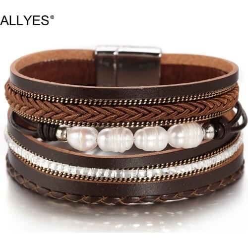 ALLYES Bohemian Crystal Natural Pearl Leather Bracelets for Women Ladies Multilayer Braided Wide Wrap Bracelet Boho Jewelry