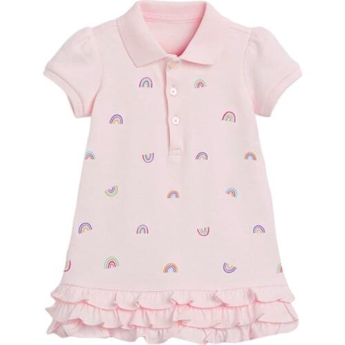 Little Girls Summer Pink Dresses Children Rainbow Short Sleeves Stand-up Collar Clothing Kid Cotton A Line Dress Polo Shirts