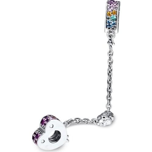DIY Fits For Pandora Bracelets Multi-Colored Arcs of Love Safety Chain Beads 100% Sterling-Silver-Jewelry Charms Free Shipping